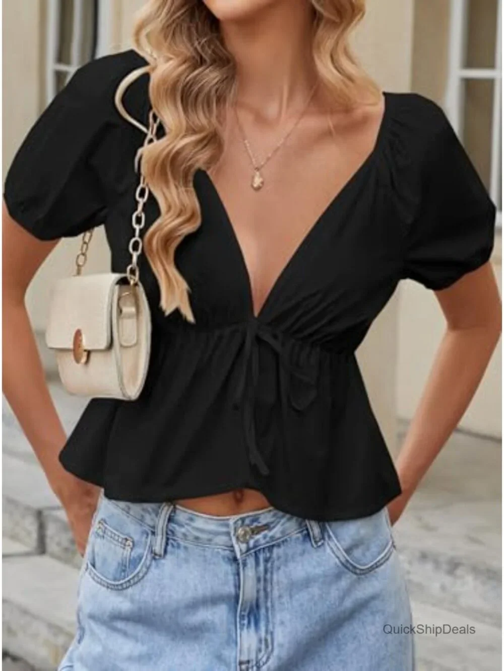 Deep V Neck Peplum Crop Top Ruffle Hem Puff Short Sleeve Blouse